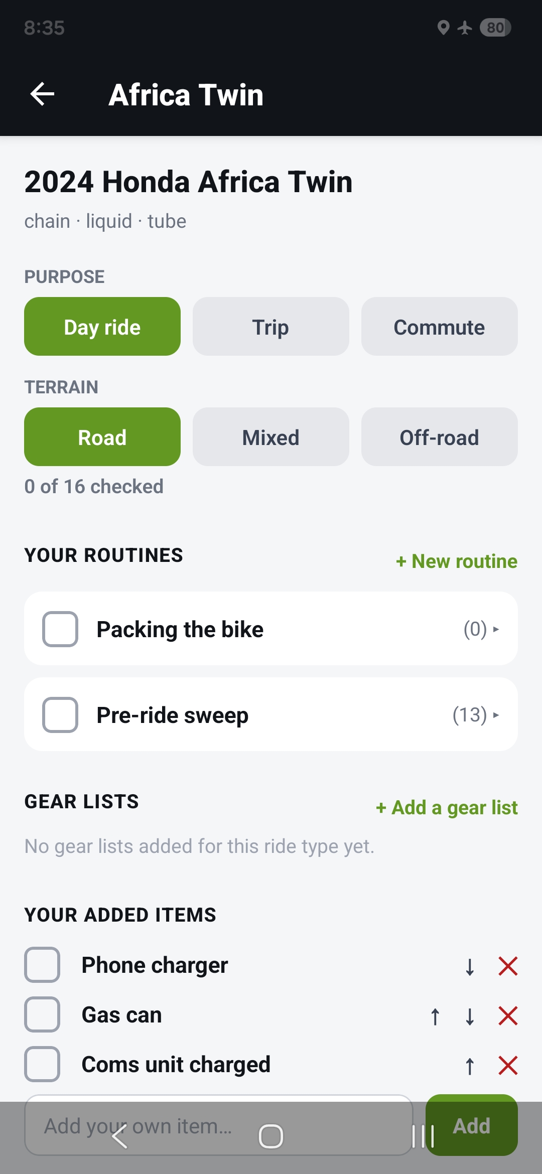 The MotoChecklist app showing a bike's pre-ride checklist.