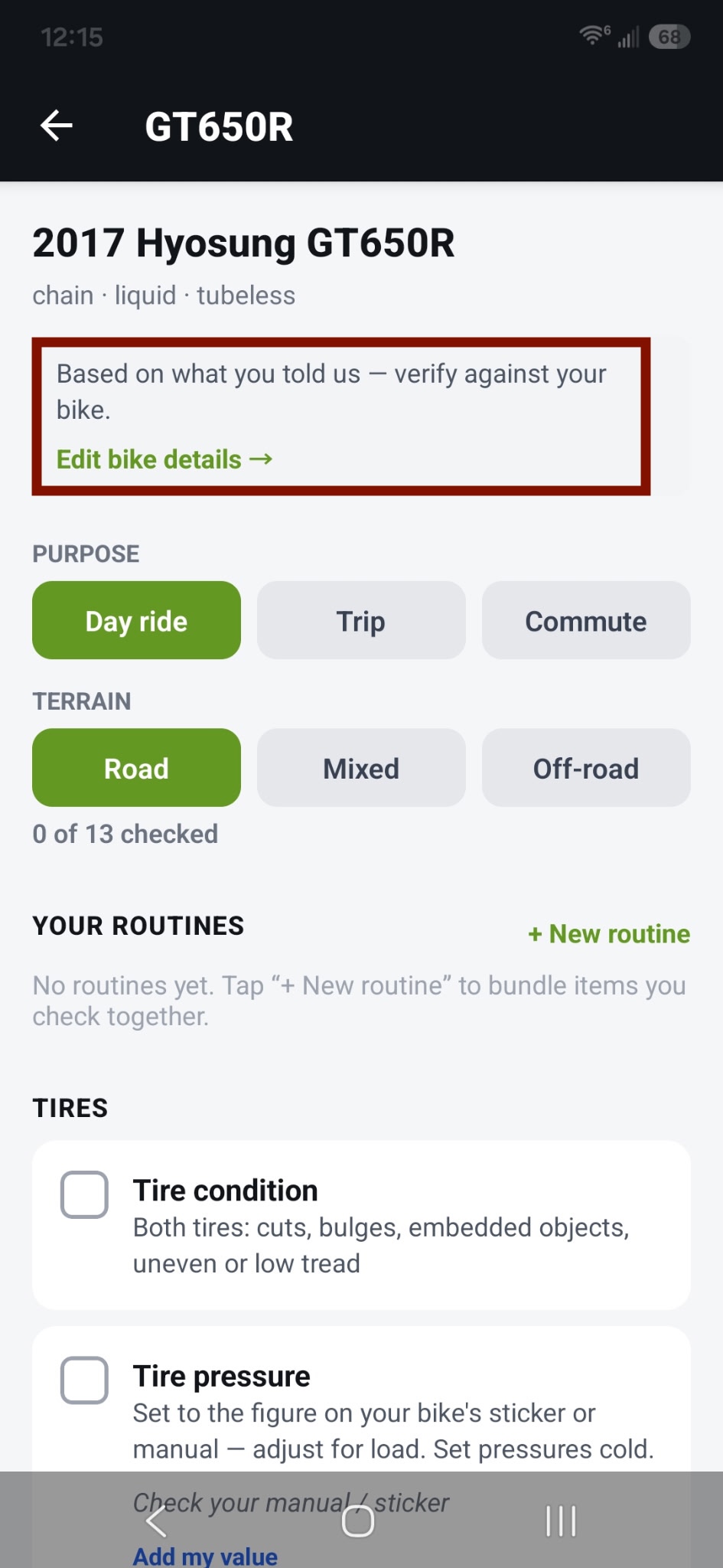 Checklist with the "verify against your bike" banner