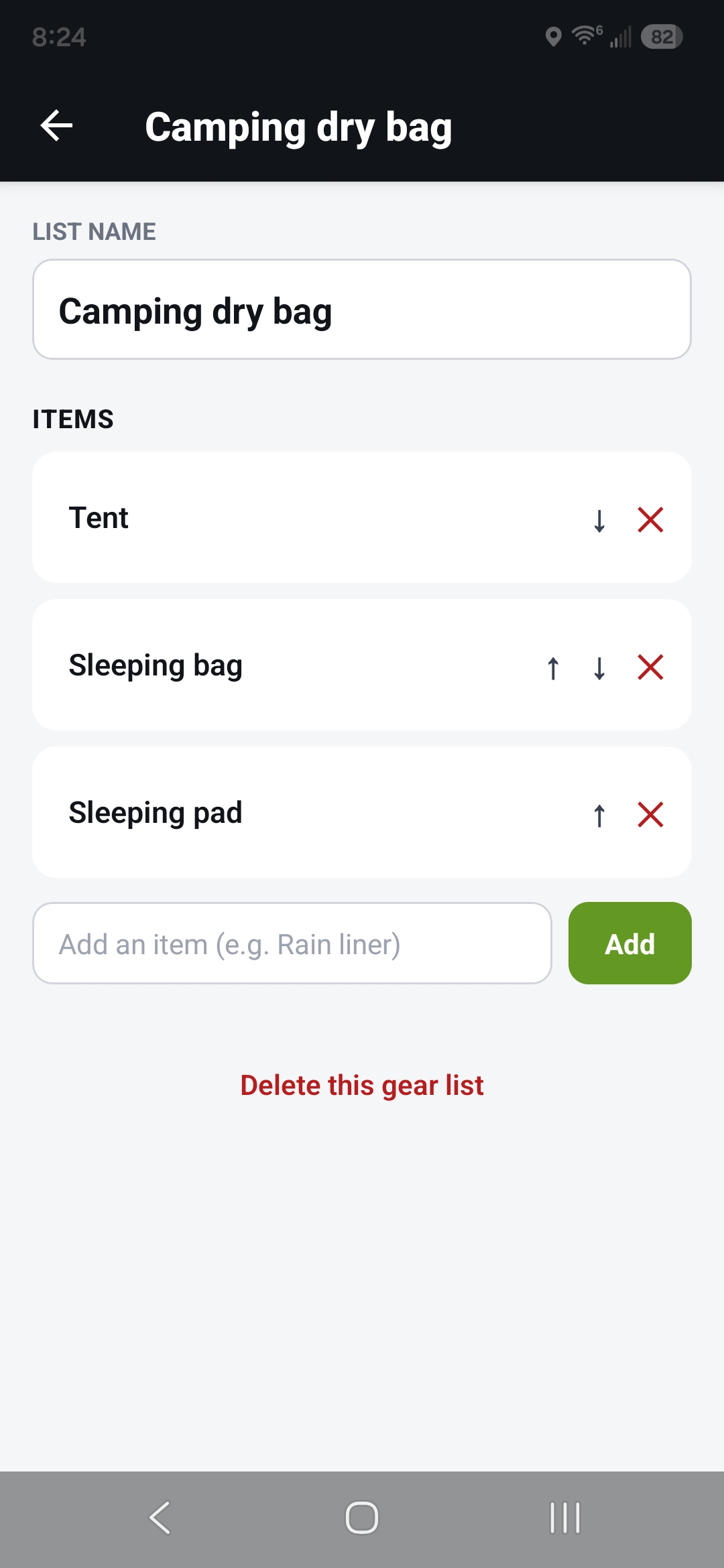 Editing a gear list