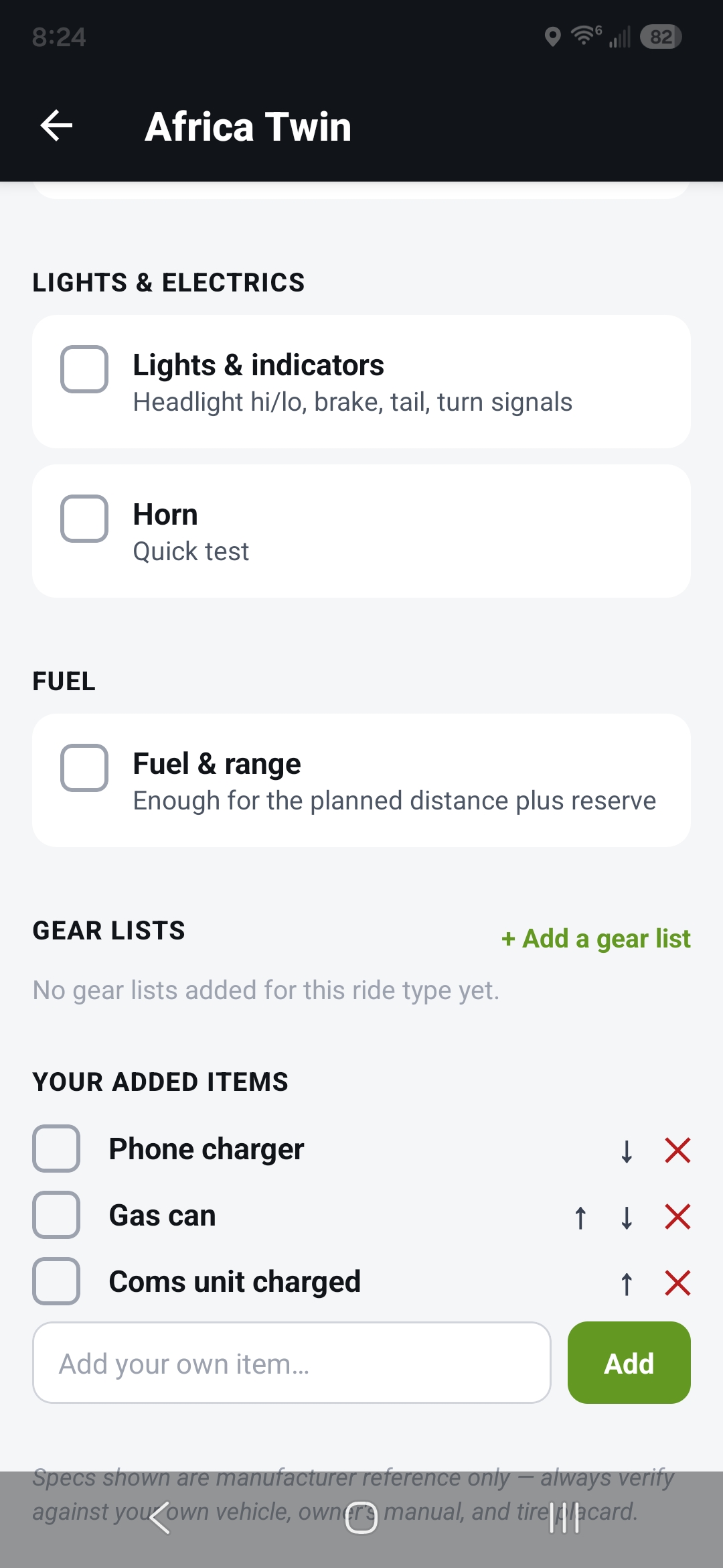 Adding a gear list with "+ Add a gear list"