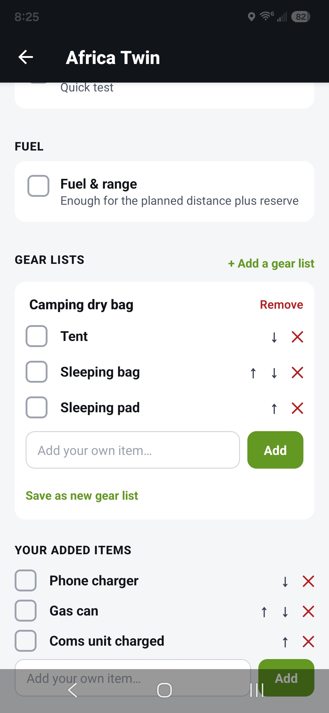 Add gear list