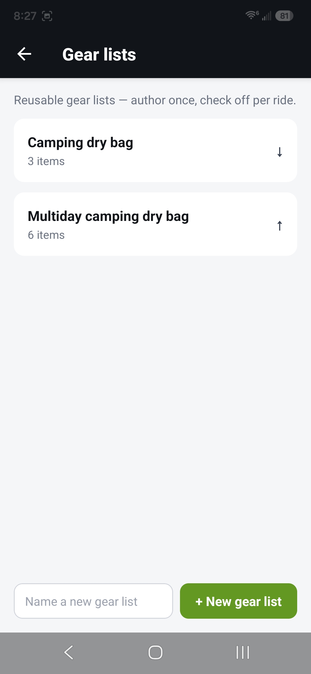 The new list is now in your gear list collection