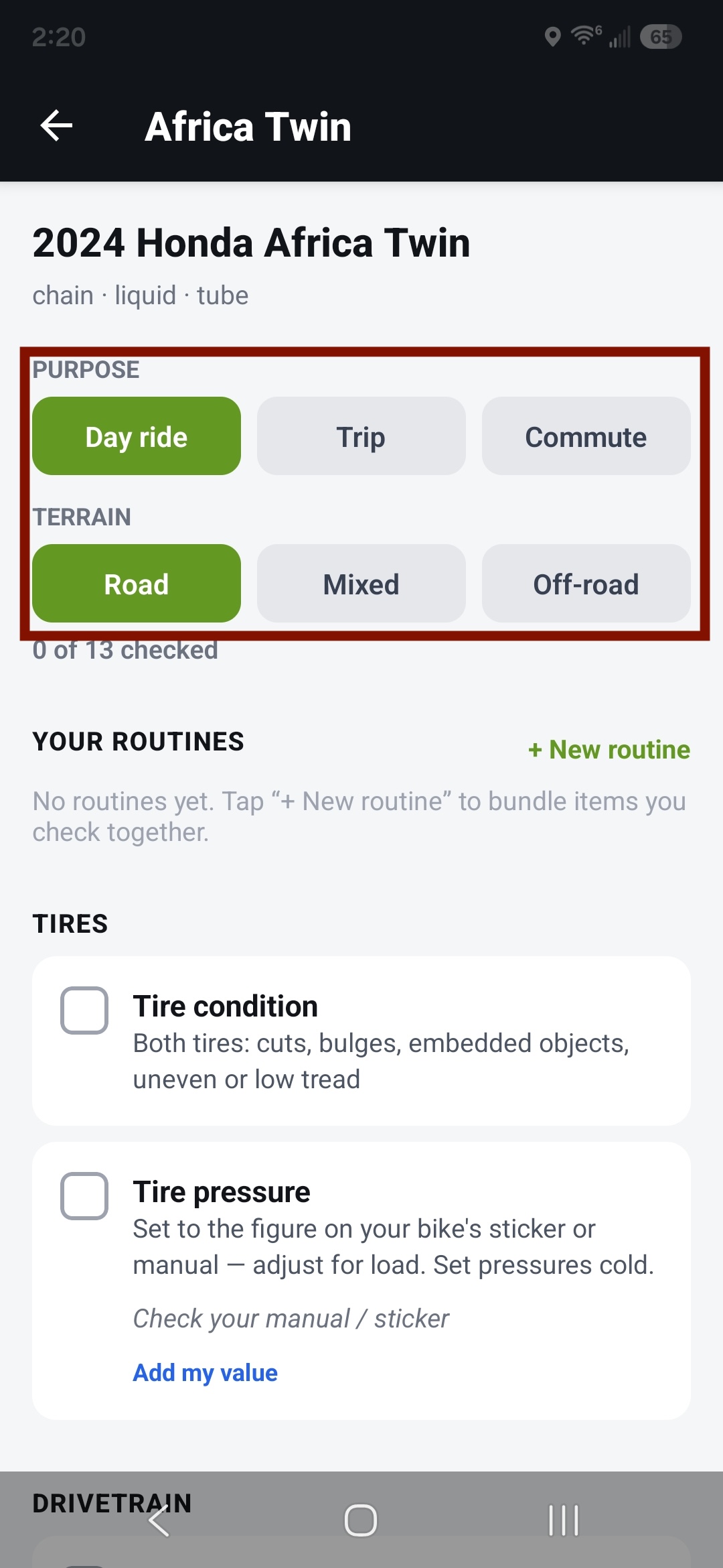 Checklist top — purpose + terrain selectors
