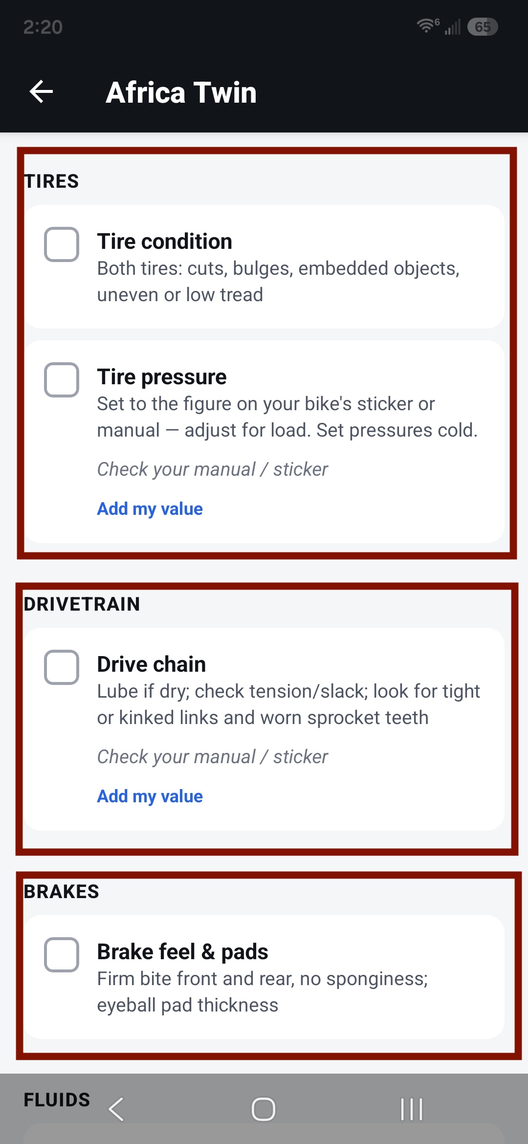 Checklist sections