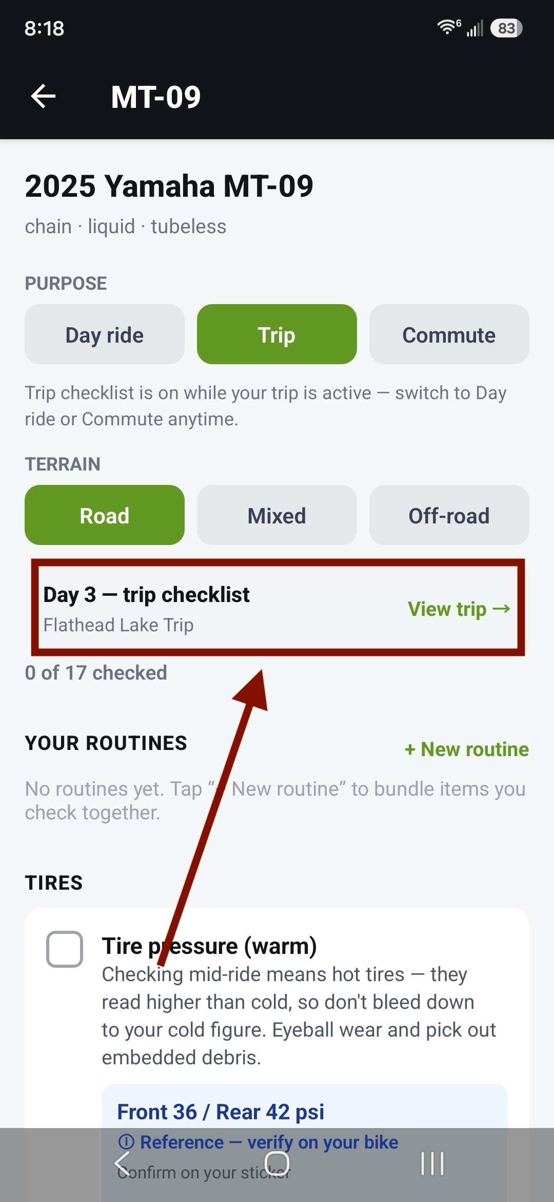 In-trip checklist, terrain selector visible