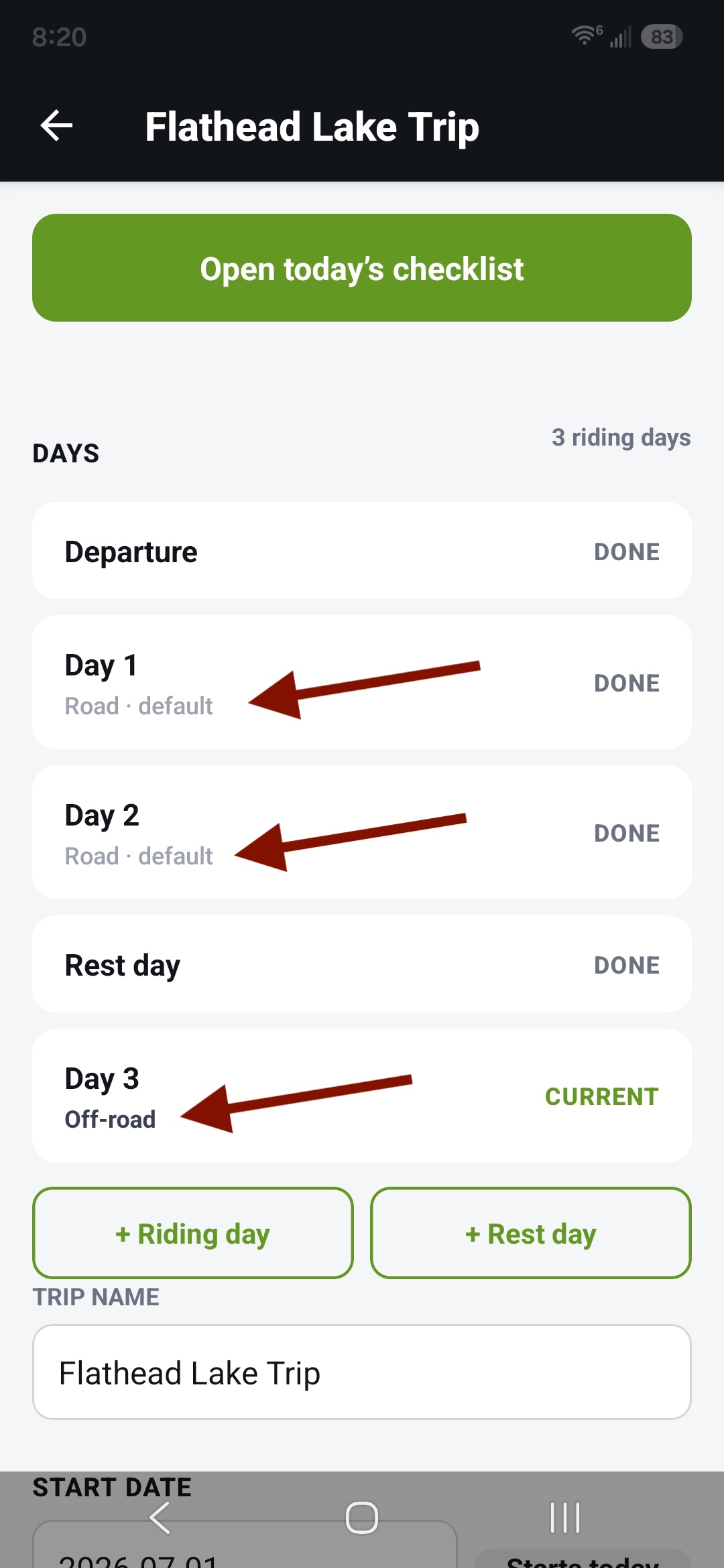 Trip days list showing the overridden day