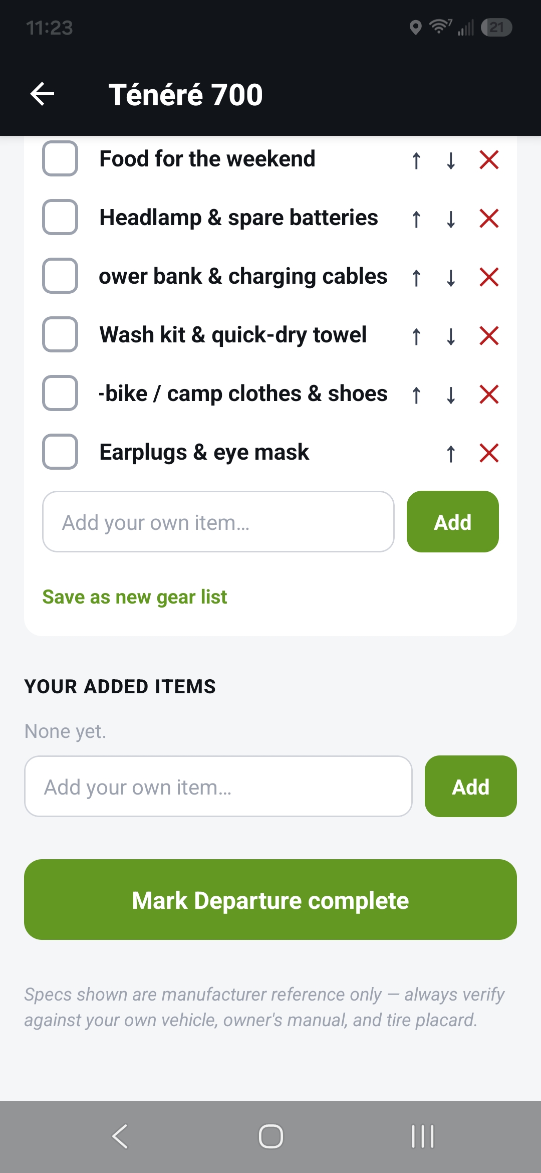 In-trip checklist with "Mark Departure complete"
