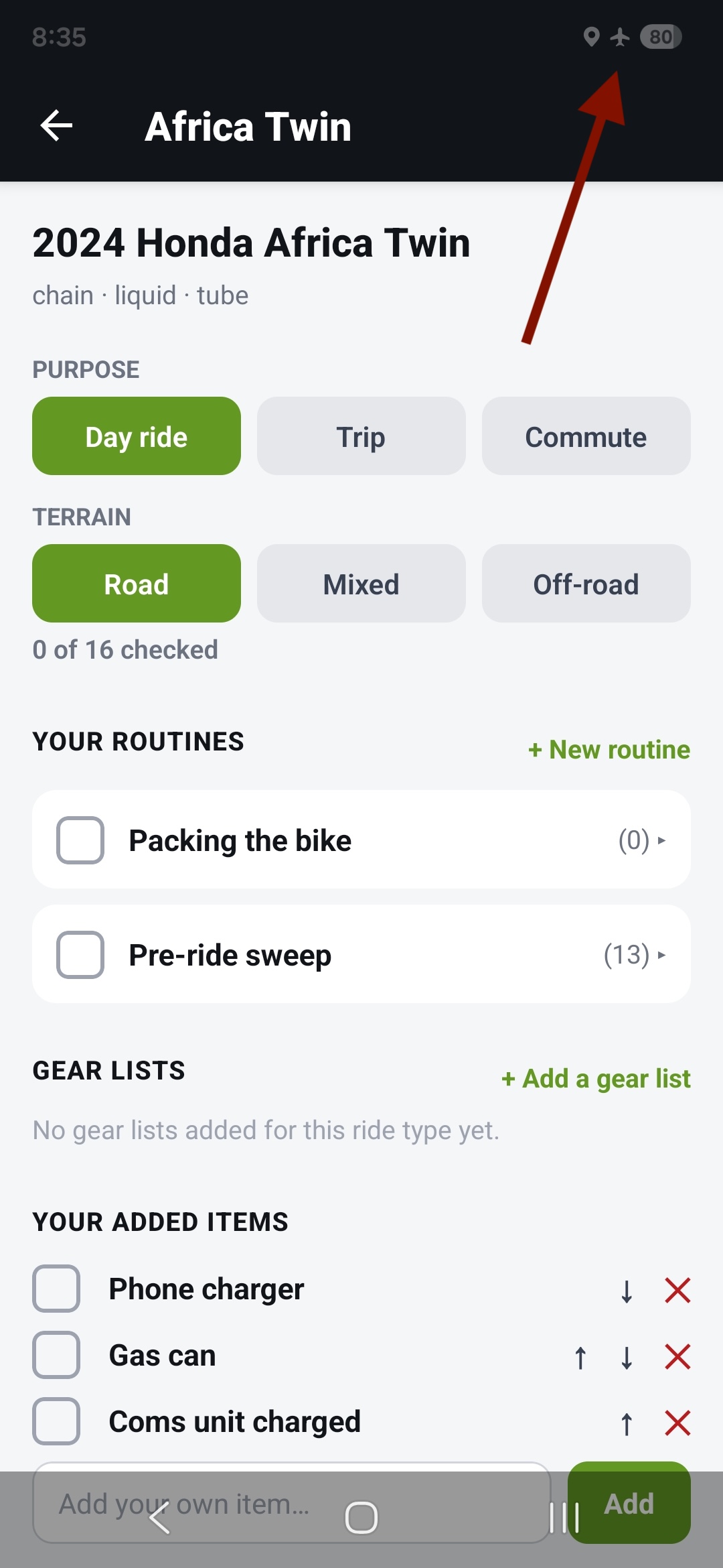 A normal checklist working in airplane mode