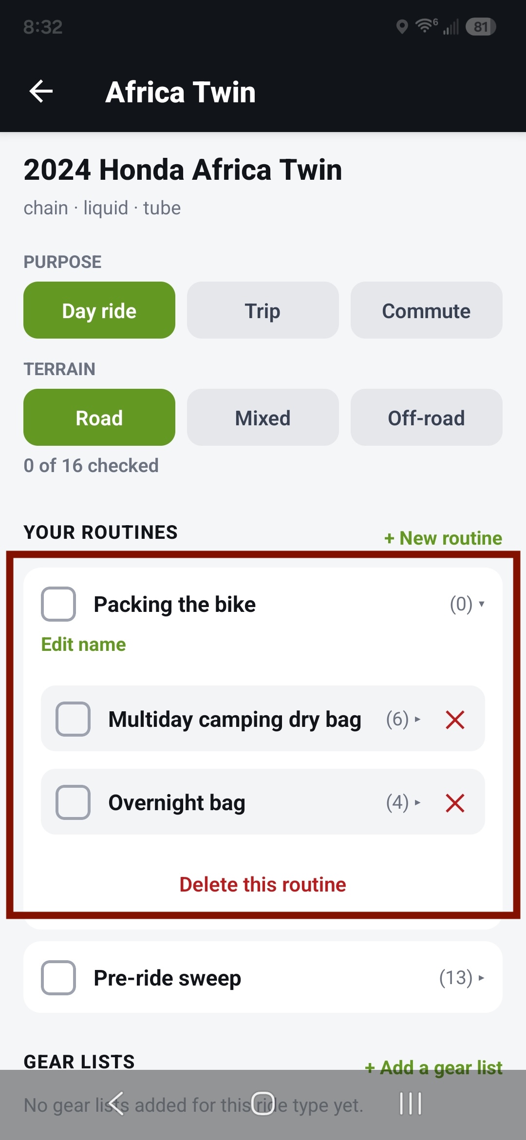 The gear list inside the routine, collapsible