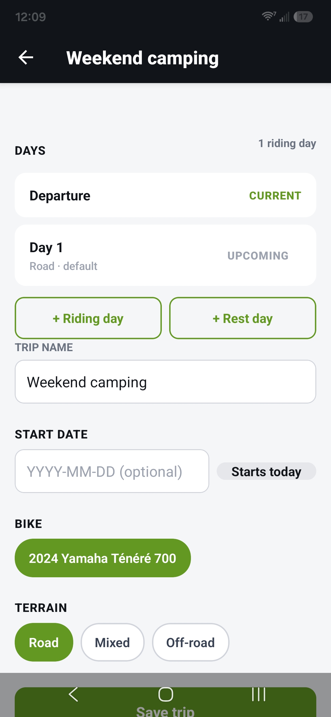 The new trip — days, name, bike, and terrain