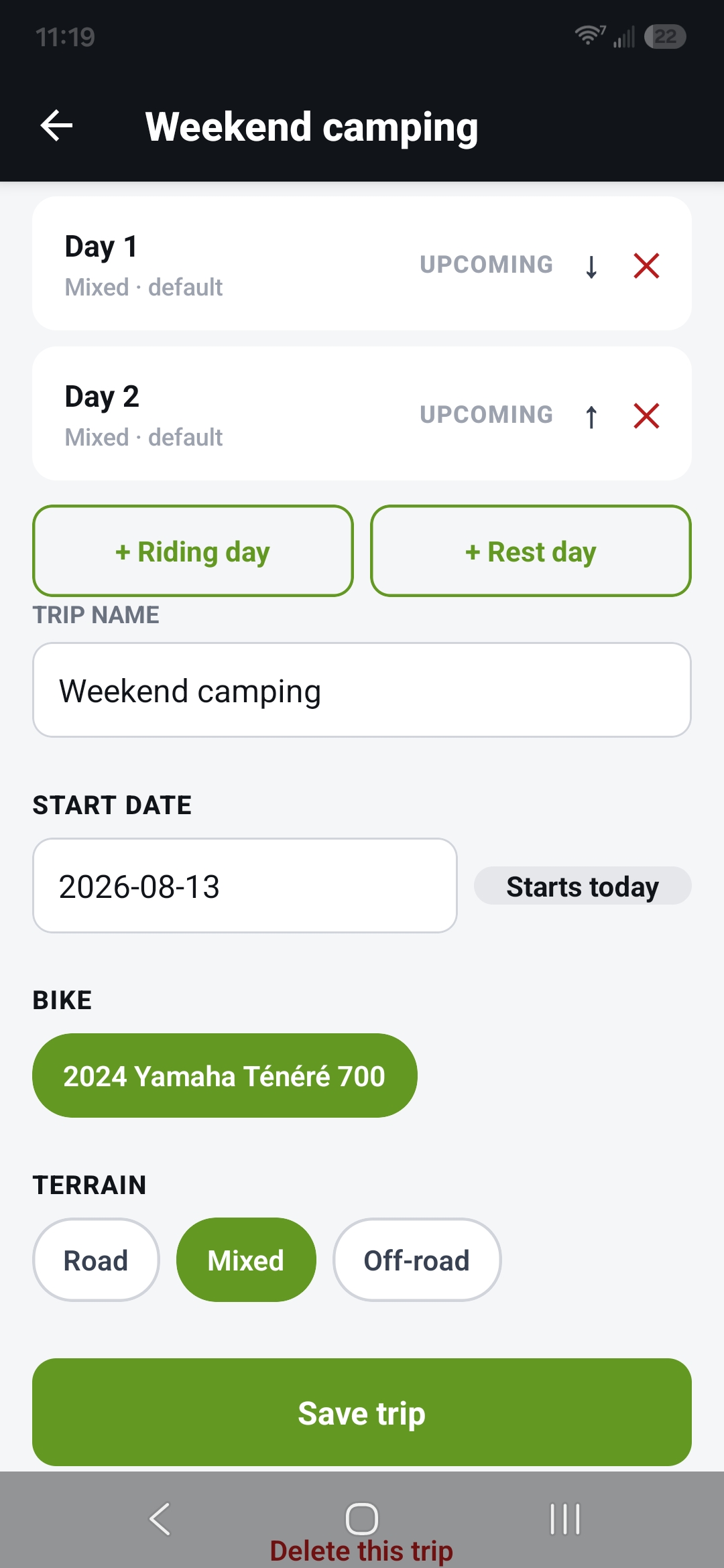 Days added, ready for "Save trip"
