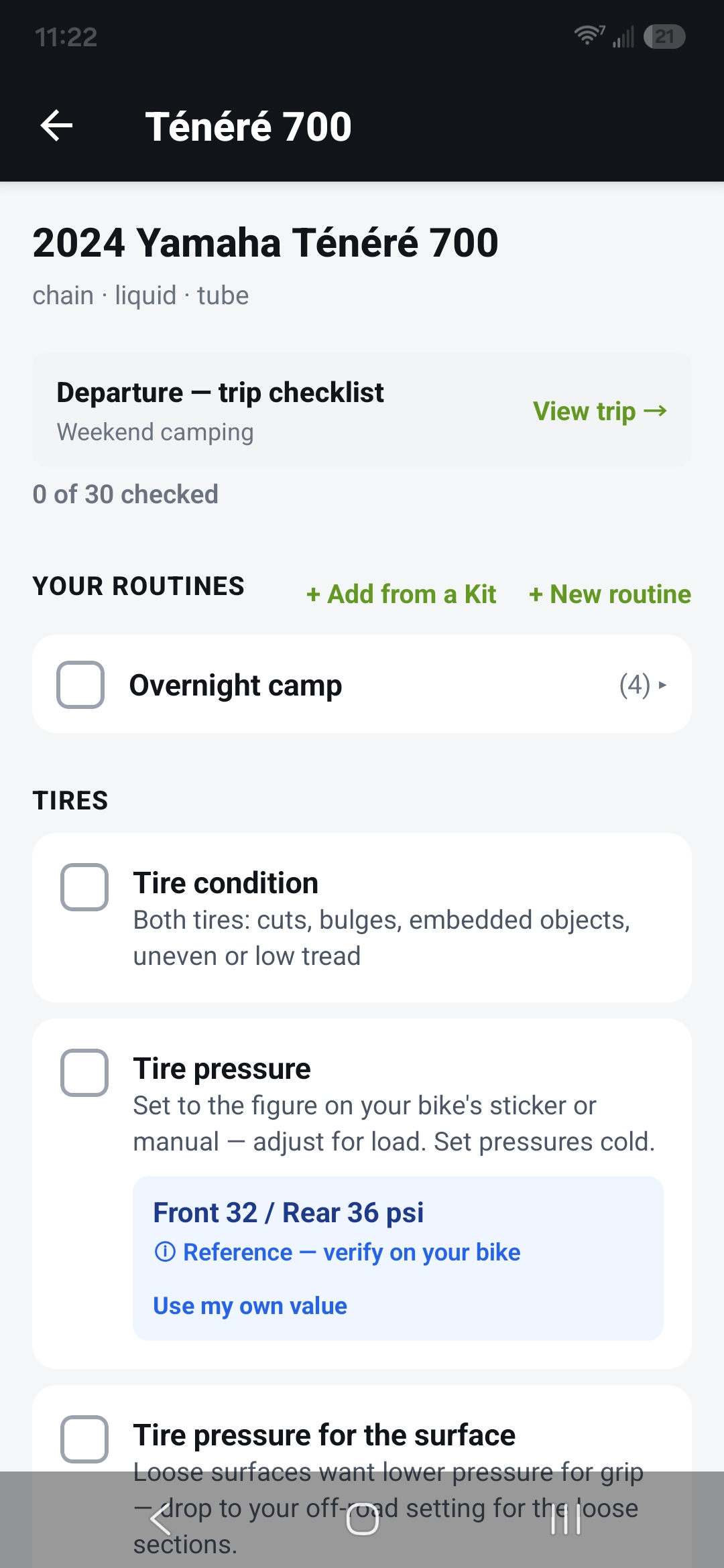 A trip day's checklist — the Kit's routine above the bike's own checks