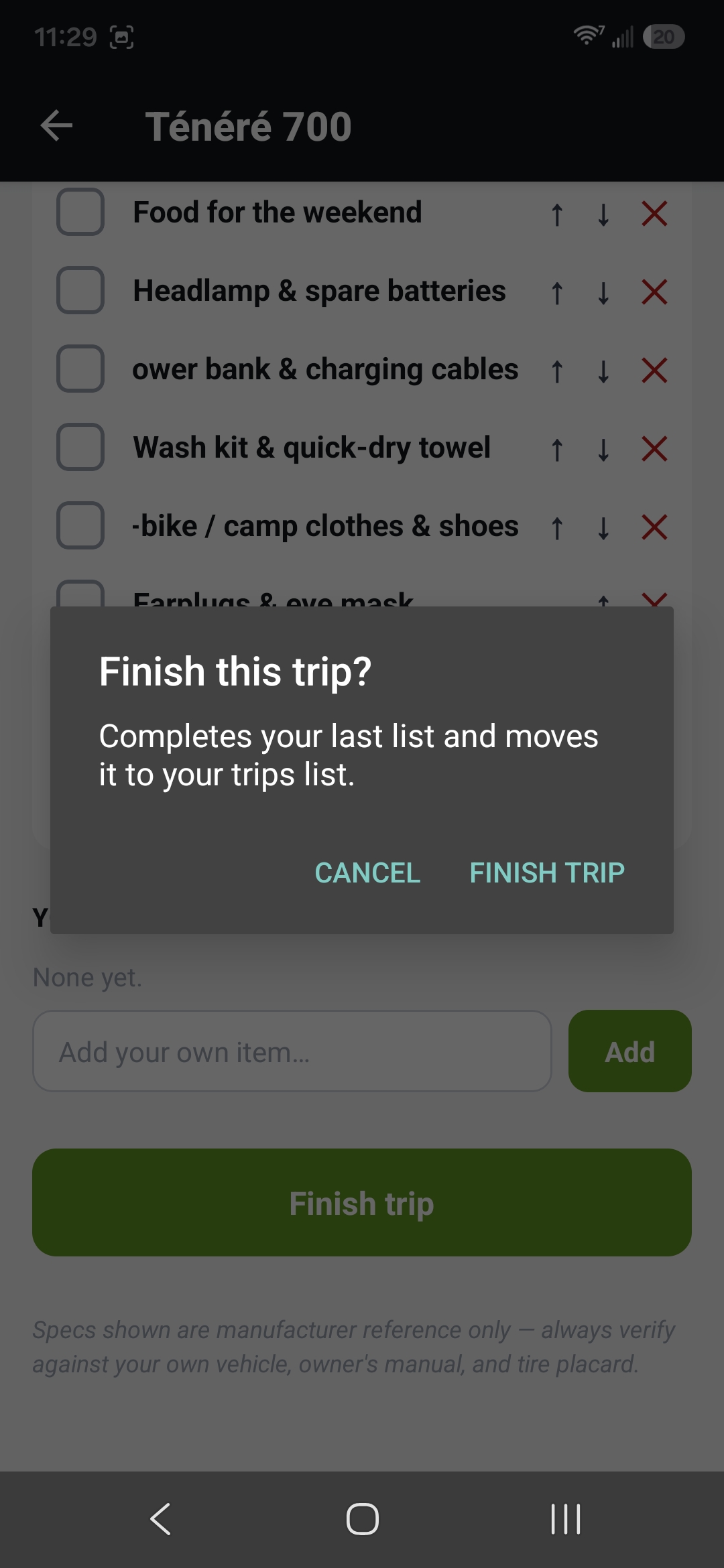 The "Finish this trip?" confirm